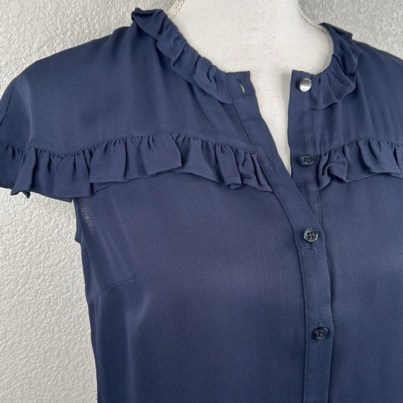 Brooks Brothers Navy Blue Viscose Button Down Ruffle Short Sleeve Top Size XS/0 - Picture 2 of 7